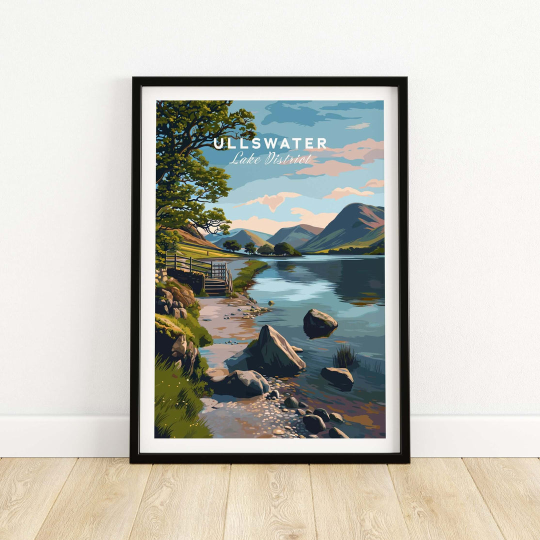 Ullswater Lake District print featuring lakeside path and stone wall, perfect for nature lovers and home decor.