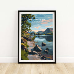 Ullswater Lake District Lakeside Path Print - Stone Wall & Lake Wall Art showcasing a scenic landscape with mountains and water.