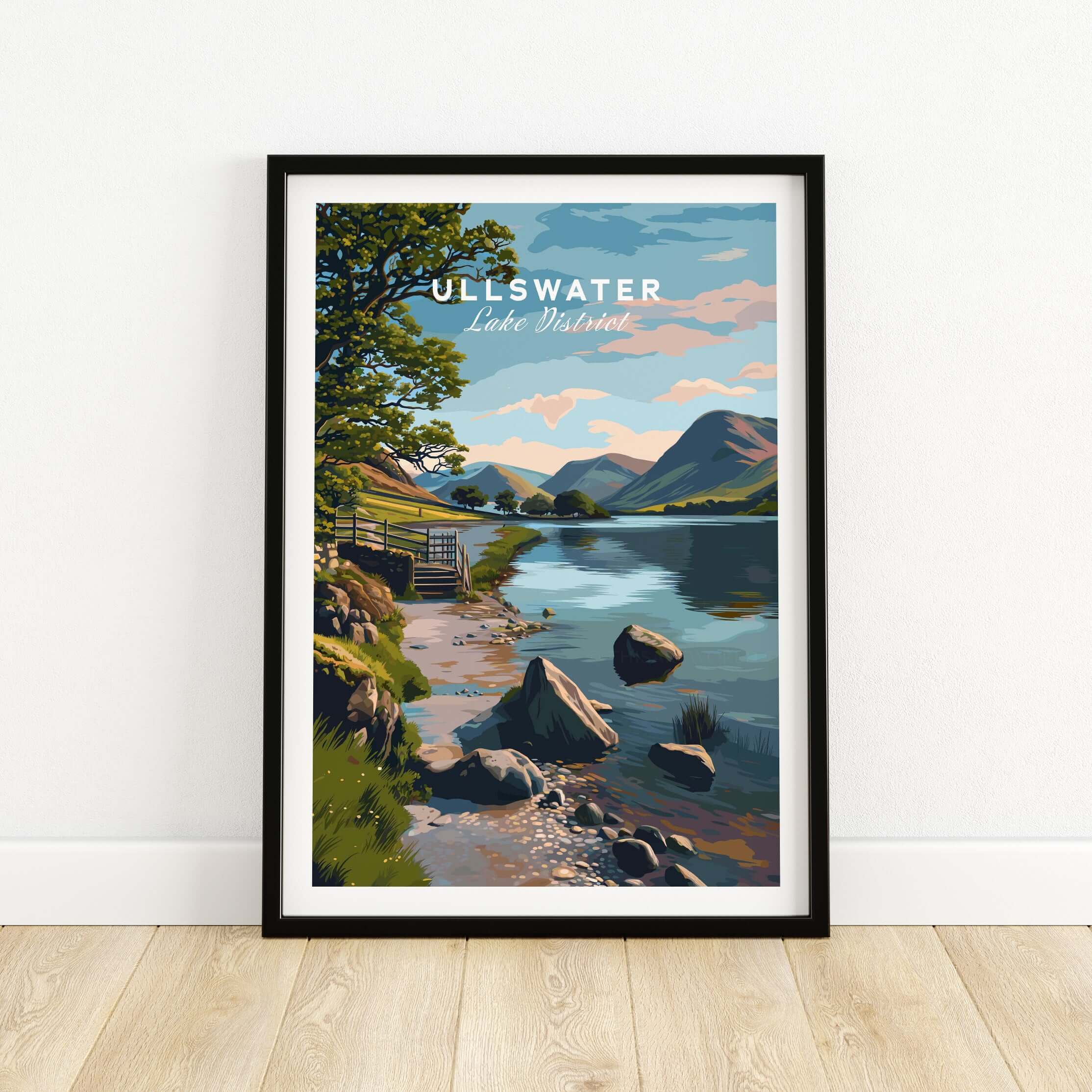Ullswater Lake District Lakeside Path Print - Stone Wall & Lake Wall Art showcasing a scenic landscape with mountains and water.