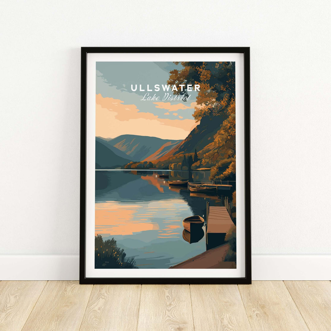 Ullswater Lake District poster featuring a tranquil lakeside boats scene at sunset.