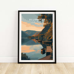 Ullswater Lake District Lakeside Boats Poster - Tranquil Dock Scene Print showcasing a serene sunset over the tranquil water.
