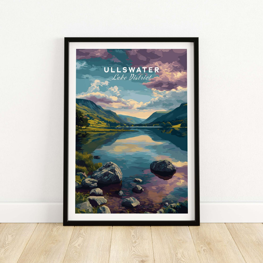 Ullswater Lake District mountain view reflection print showcasing serene lake and mountains in peaceful colors.