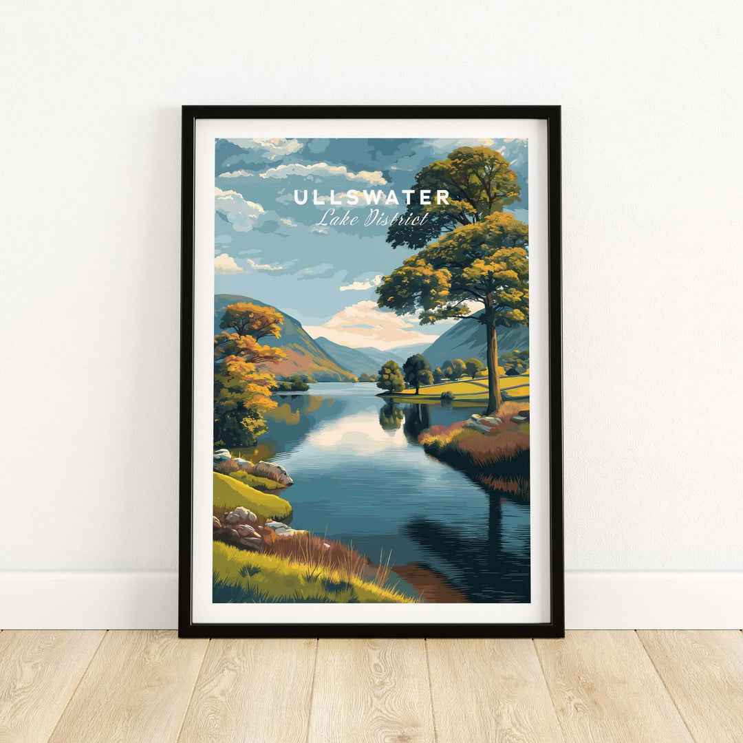 Ullswater Lake District print showcasing lush trees and tranquil waters in a stylish poster design.