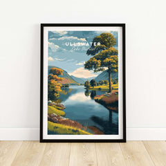 Ullswater Lake District Green Trees Lakeside Print - English Countryside Poster framed art on a wall.