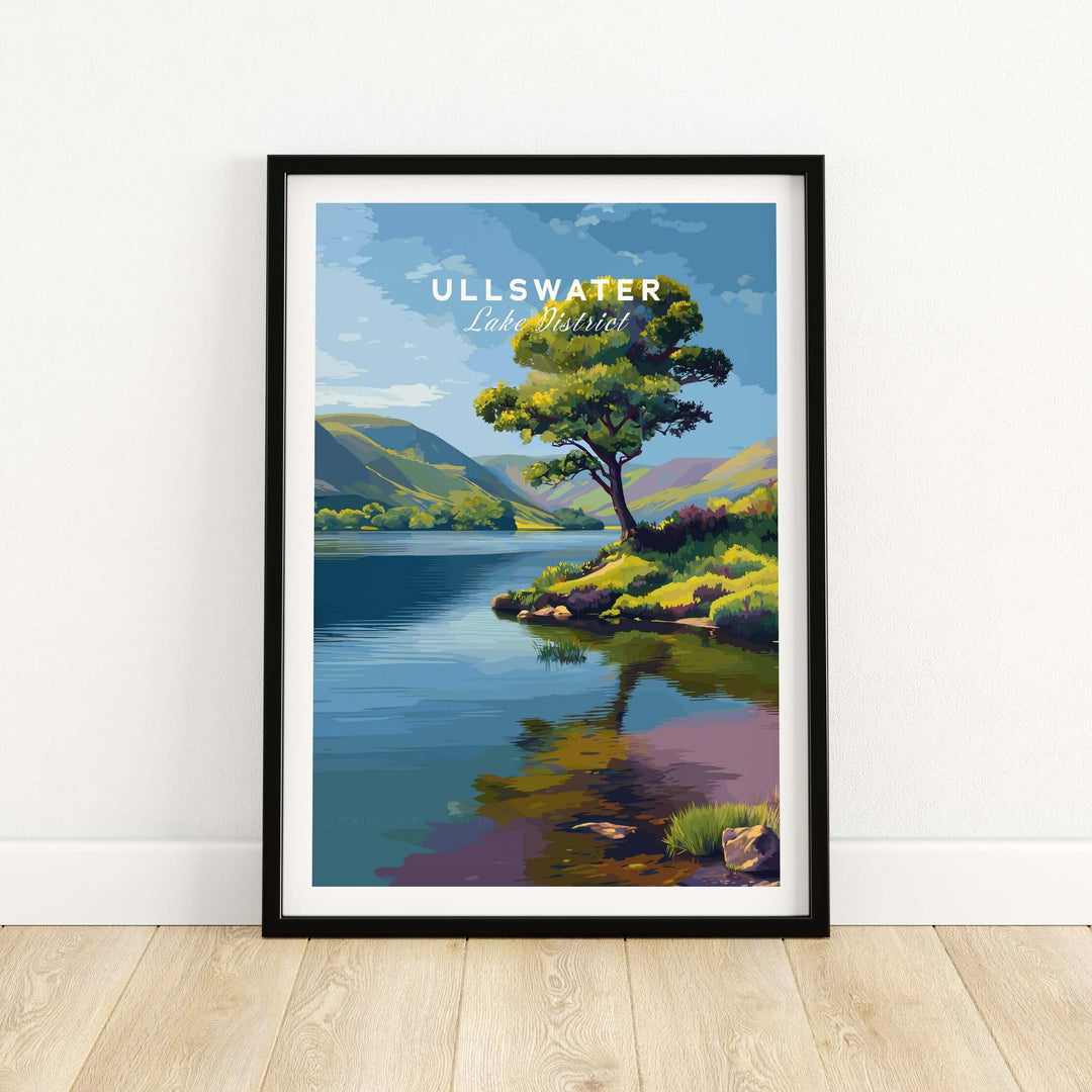 Ullswater Lake District Solitary Tree Print showcasing tranquil lakeside reflection and vibrant landscape art.
