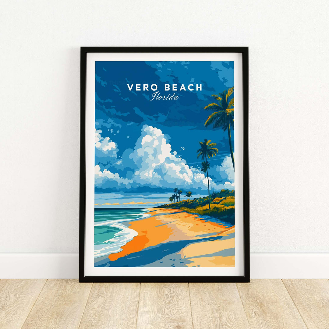 Vero Beach Florida palm tree beach poster with tropical seascape, showcasing vibrant colors and coastal charm.