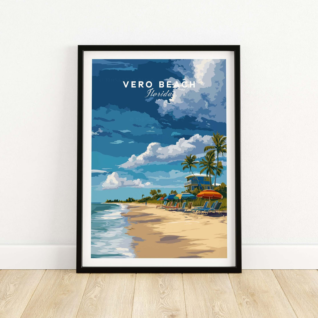 Vero Beach Florida beachfront resort print featuring a lifeguard station and vibrant coastal scenery.