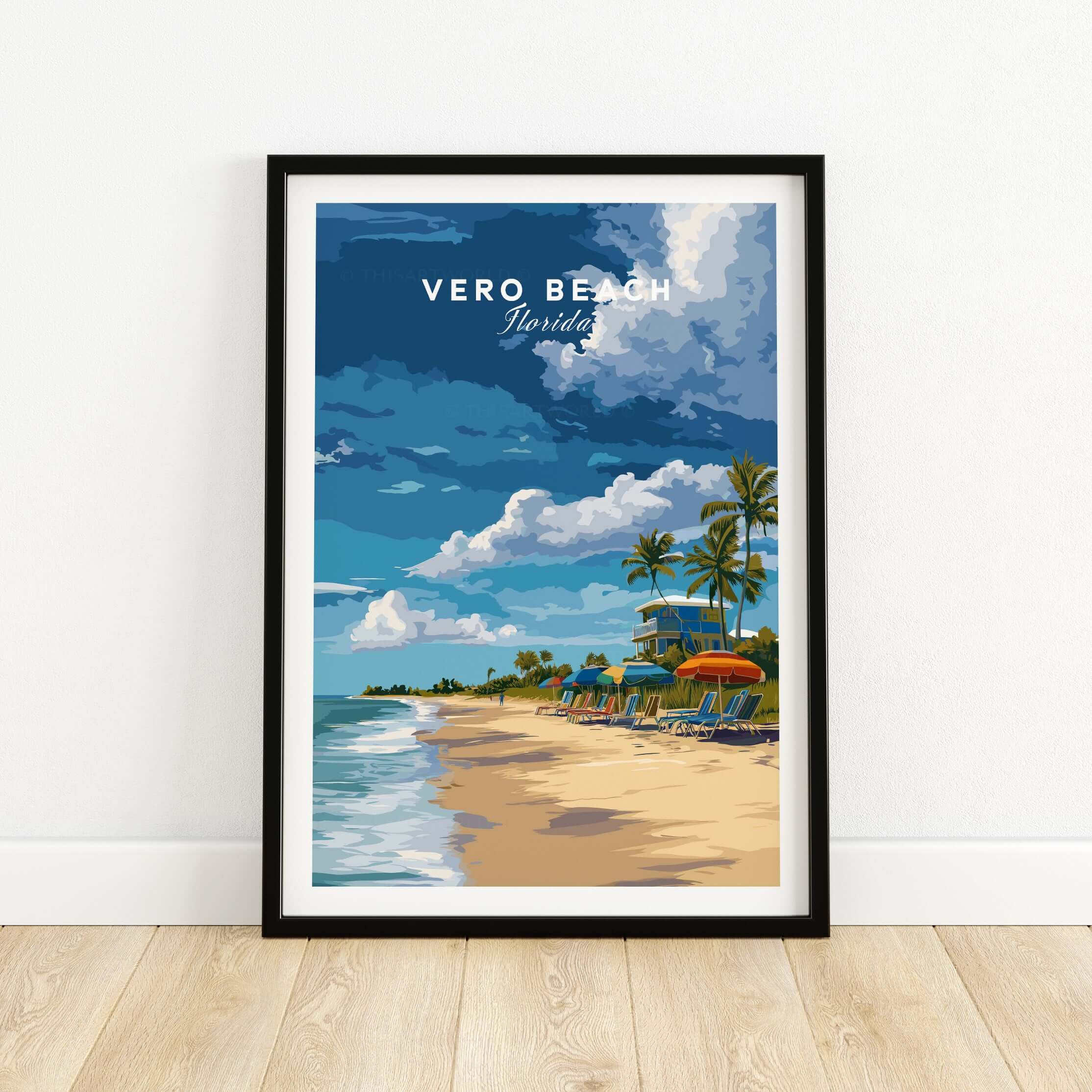 Vero Beach Florida Beachfront Resort Print - Lifeguard Station Wall Art featuring a vibrant beach scene.