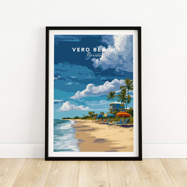 Vero Beach Florida beachfront resort print featuring a lifeguard station and vibrant coastal scenery.