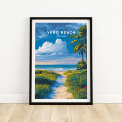 Vero Beach Florida Path to Beach Print - Coastal Flowers Wall Art in a framed illustration with vibrant colors and coastal scenery.