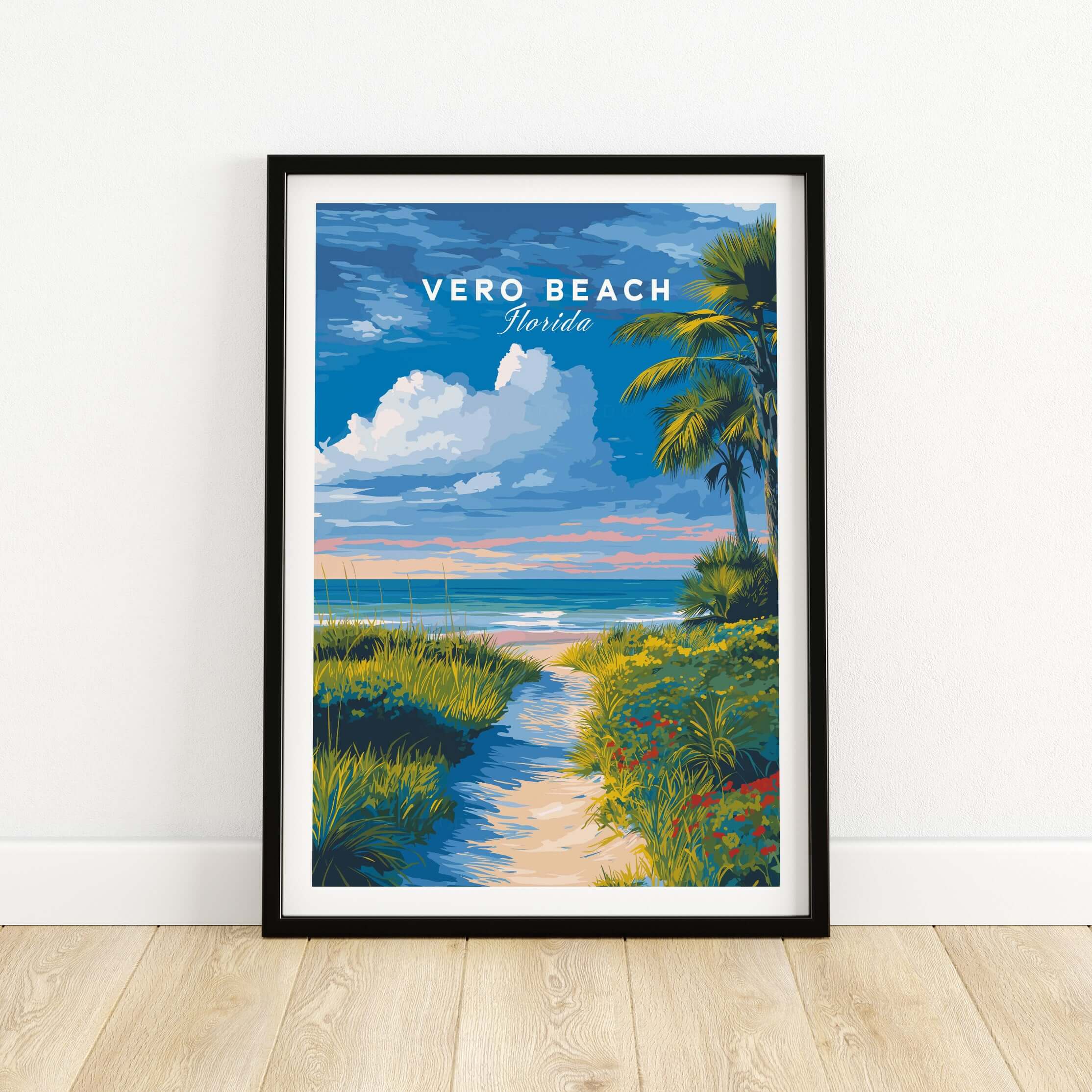 Vero Beach Florida Path to Beach Print - Coastal Flowers Wall Art in a framed illustration with vibrant colors and coastal scenery.