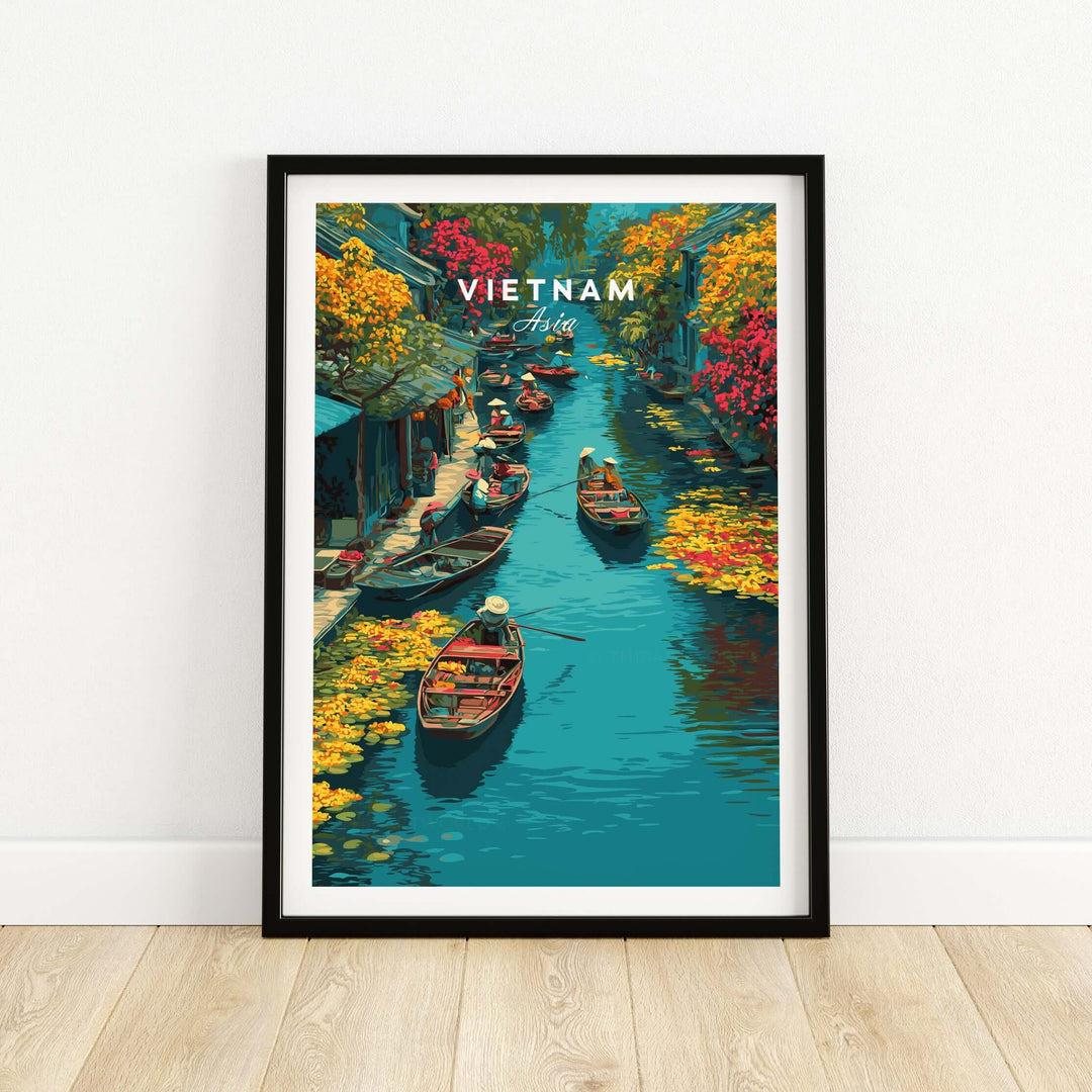 Colorful Hoi An canal boats print showcasing Vietnam's traditional river market and vibrant scenery.