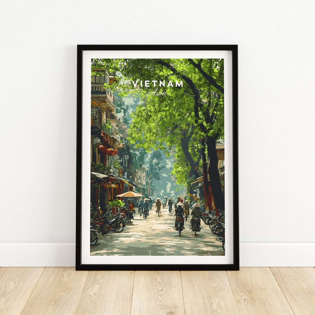 Vietnam wall art poster showcasing a vibrant street scene with greenery and local culture.
