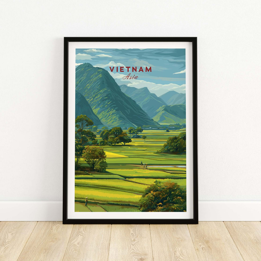 Vietnam rice fields landscape print featuring vibrant terraced fields and mountains in a serene rural setting.