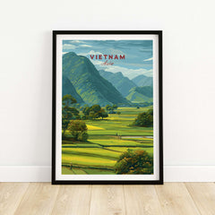 Vietnam Rice Fields Landscape Print - Rural Mountain Panorama Poster depicting terraced fields and mountains.