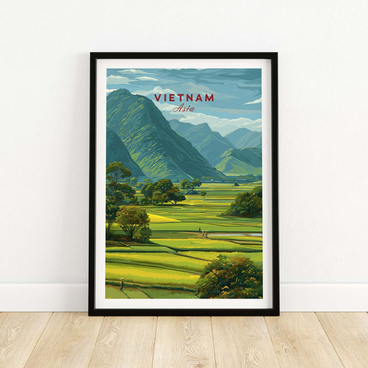 Vietnam rice fields landscape print featuring vibrant terraced fields and mountains in a serene rural setting.