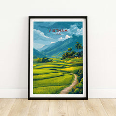 Vietnam Travel Poster showcasing vibrant rice terraces and mountains in a stunning landscape.