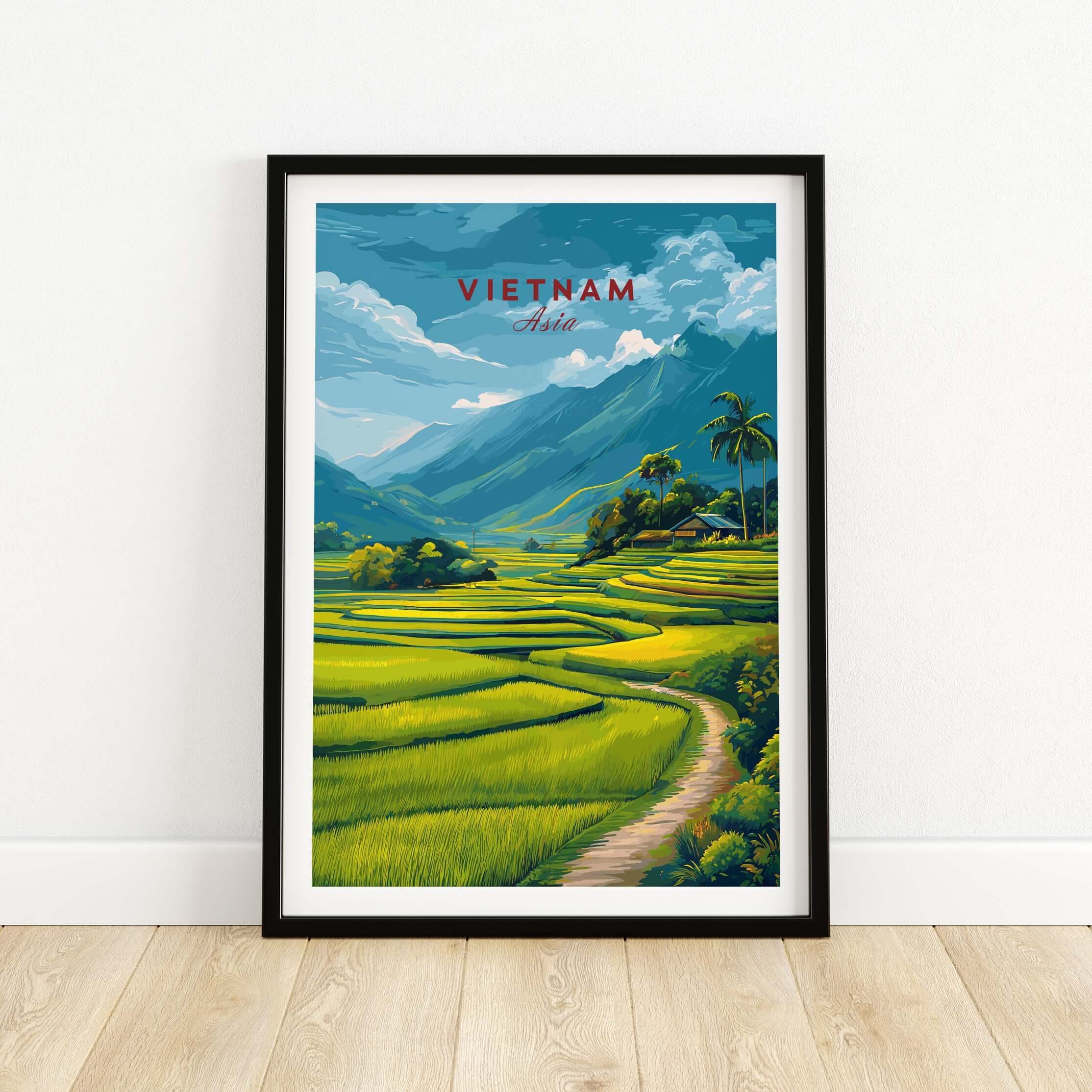 Vietnam Travel Poster showcasing vibrant rice terraces and mountains in a stunning landscape.