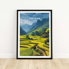 Vietnam Rice Terraces Print - Scenic Mountain Poster featuring lush rice fields and mountains in vibrant colors.