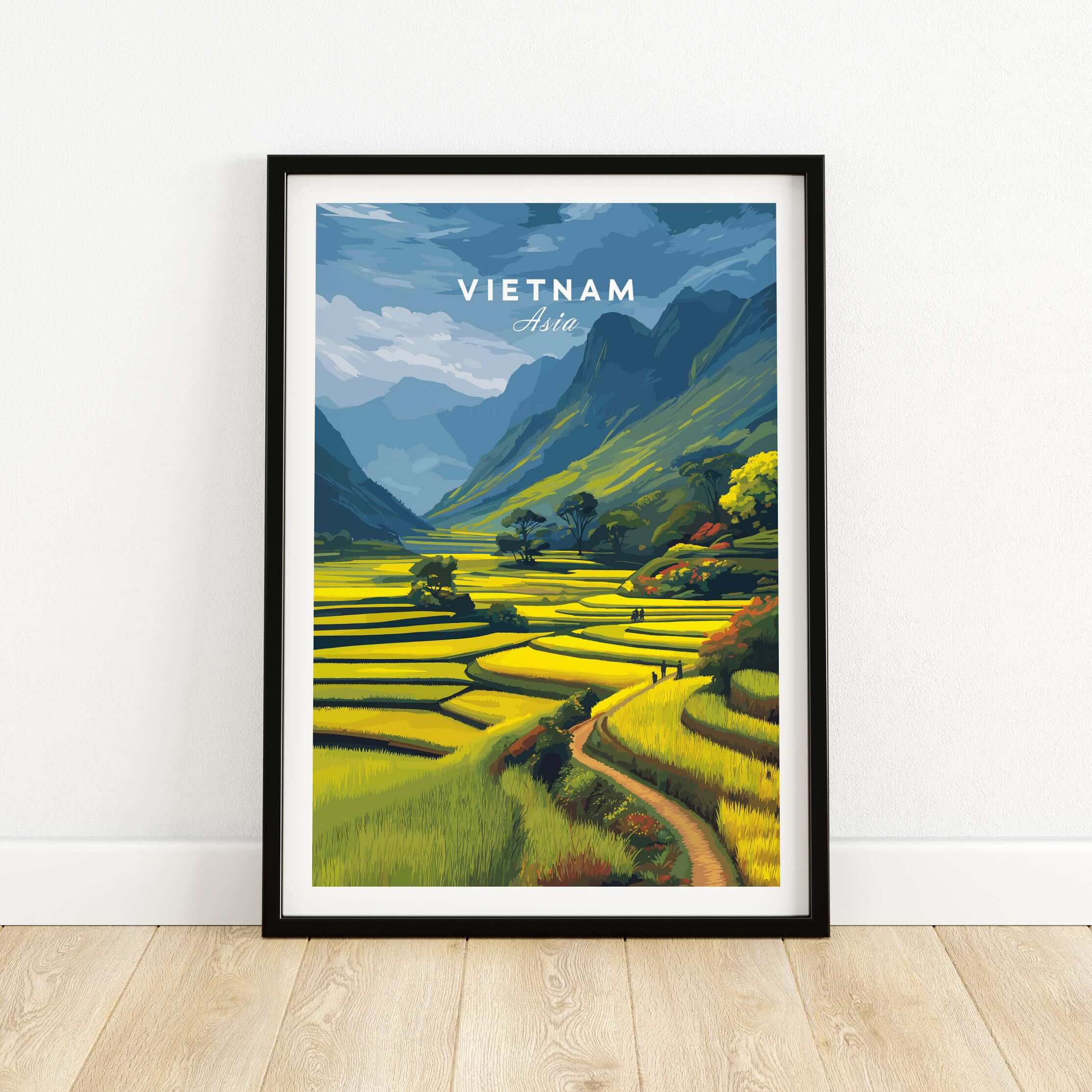 Vietnam Rice Terraces Print - Scenic Mountain Poster featuring lush rice fields and mountains in vibrant colors.