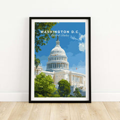Washington D.C. US Capitol Building Print - American Landmark Wall Art displayed in a black frame on a white wall.
