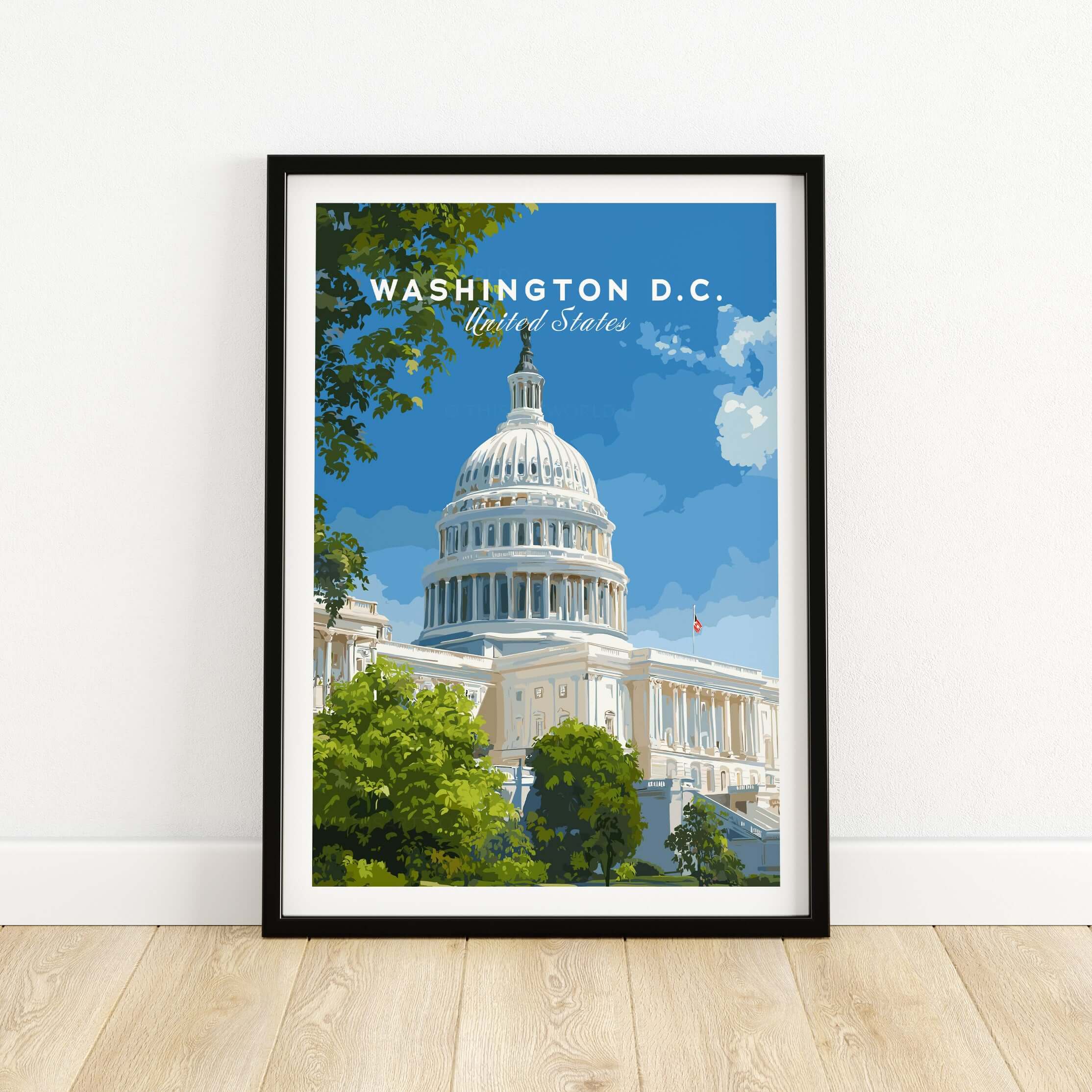 Washington D.C. US Capitol Building Print - American Landmark Wall Art displayed in a black frame on a white wall.