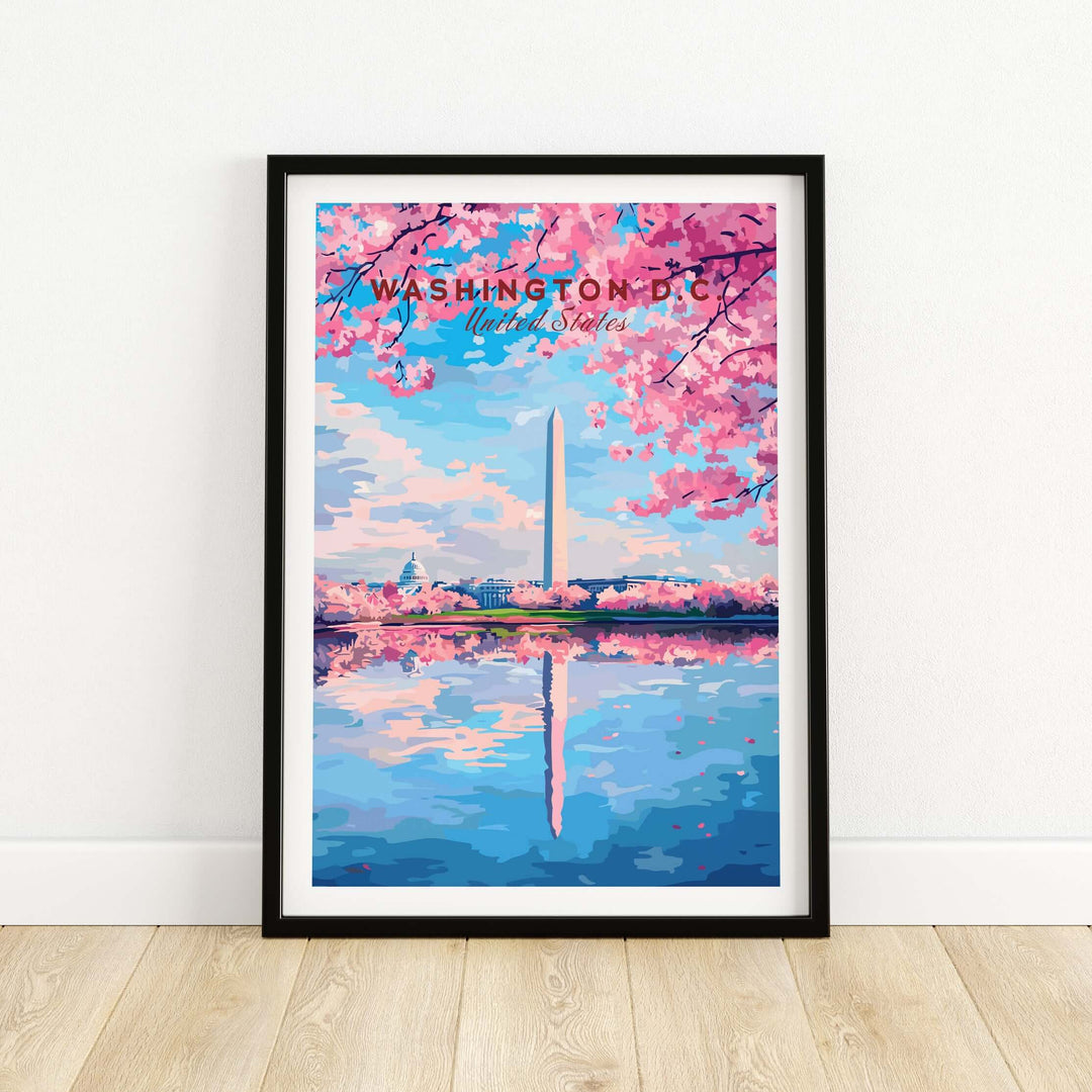 Washington D.C. Cherry Blossom poster featuring the Jefferson Memorial and the Washington Monument in spring colors.