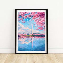 Washington D.C. Cherry Blossom Poster - Jefferson Memorial Print featuring cherry blossoms, the Washington Monument, and reflections.