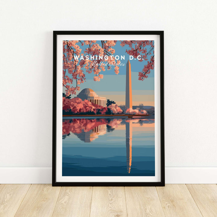 Washington D.C. poster featuring Jefferson Memorial and Washington Monument surrounded by cherry blossoms.