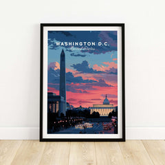 Washington D.C. Wall Art Washington Monument Sunset Poster - Capital City Skyline Print, featuring the iconic skyline at sunset.