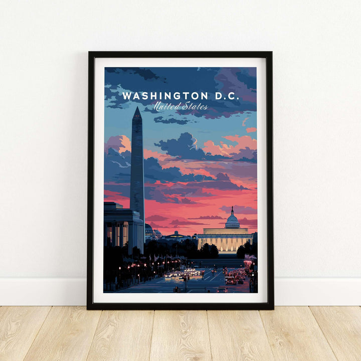 Washington D.C. wall art poster featuring the iconic monument and Capitol at sunset with vibrant colors.