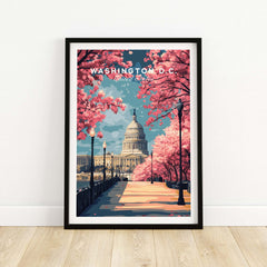 Washington D.C. Cherry Blossom Capitol Print - Springtime US Landmark Poster in a framed display.