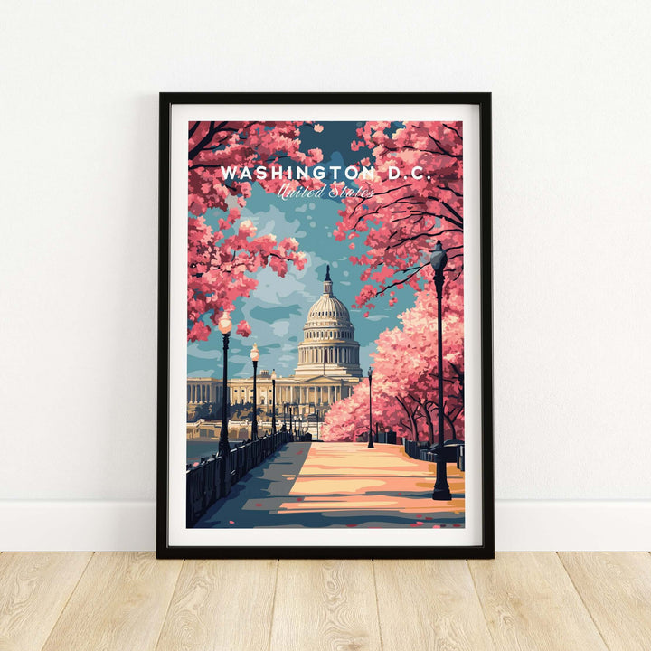 Washington D.C. Cherry Blossom poster featuring US Capitol and blooming cherry trees, capturing springtime beauty.