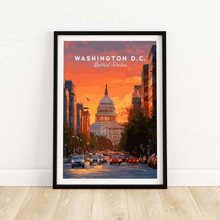 Framed Washington D.C. Capitol Building sunset print, showcasing vibrant colors and city life.