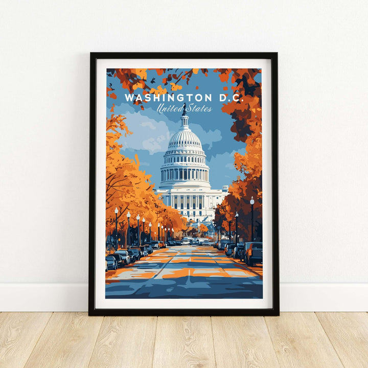 Washington D.C. Capitol building framed print showcasing autumn foliage and vibrant fall colors.