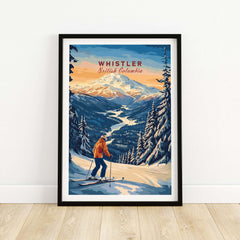 Whistler travel poster showcasing a skier in breathtaking British Columbia landscapes.