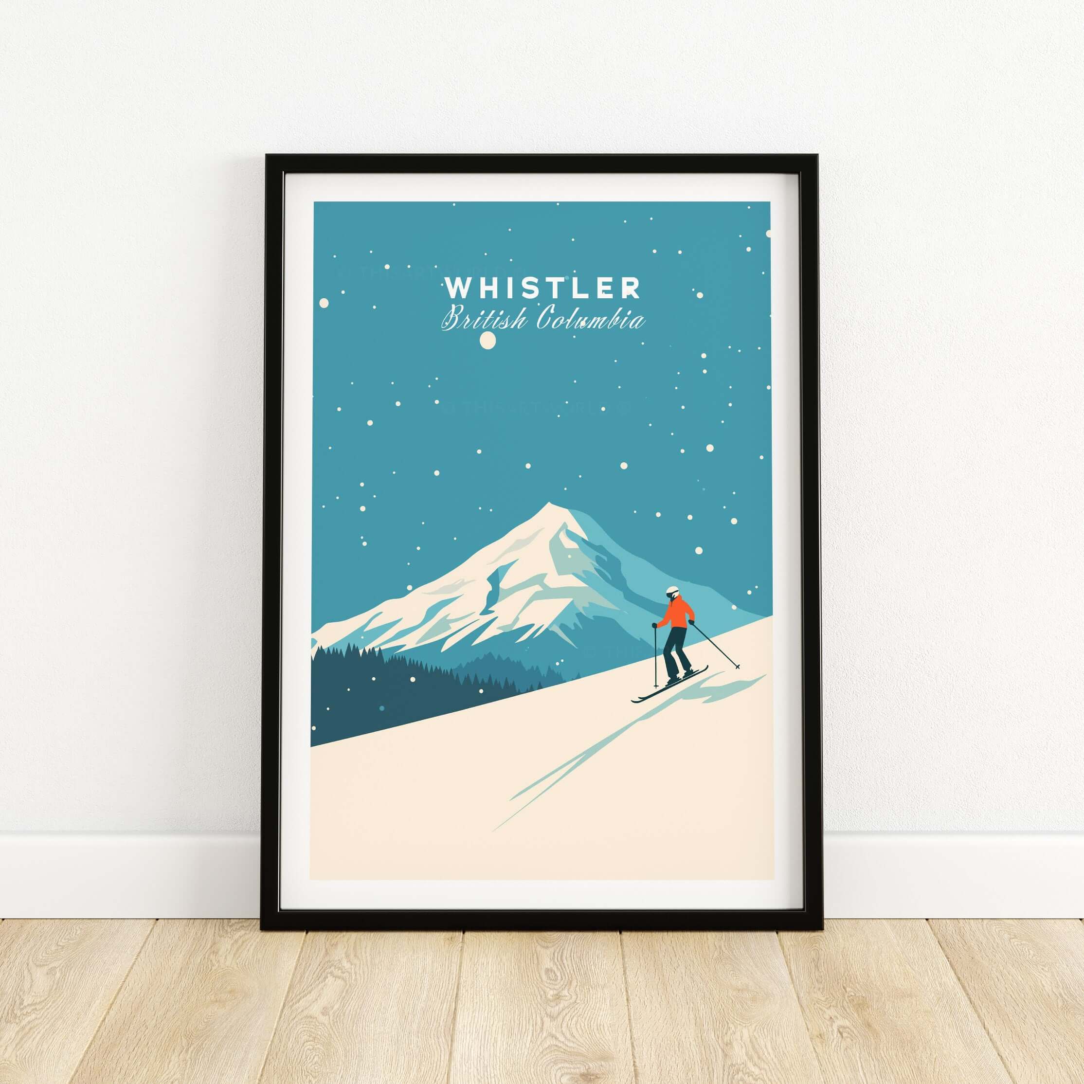 Whistler Ski Poster featuring a skier against a snow-covered mountain in British Columbia's winter landscape.
