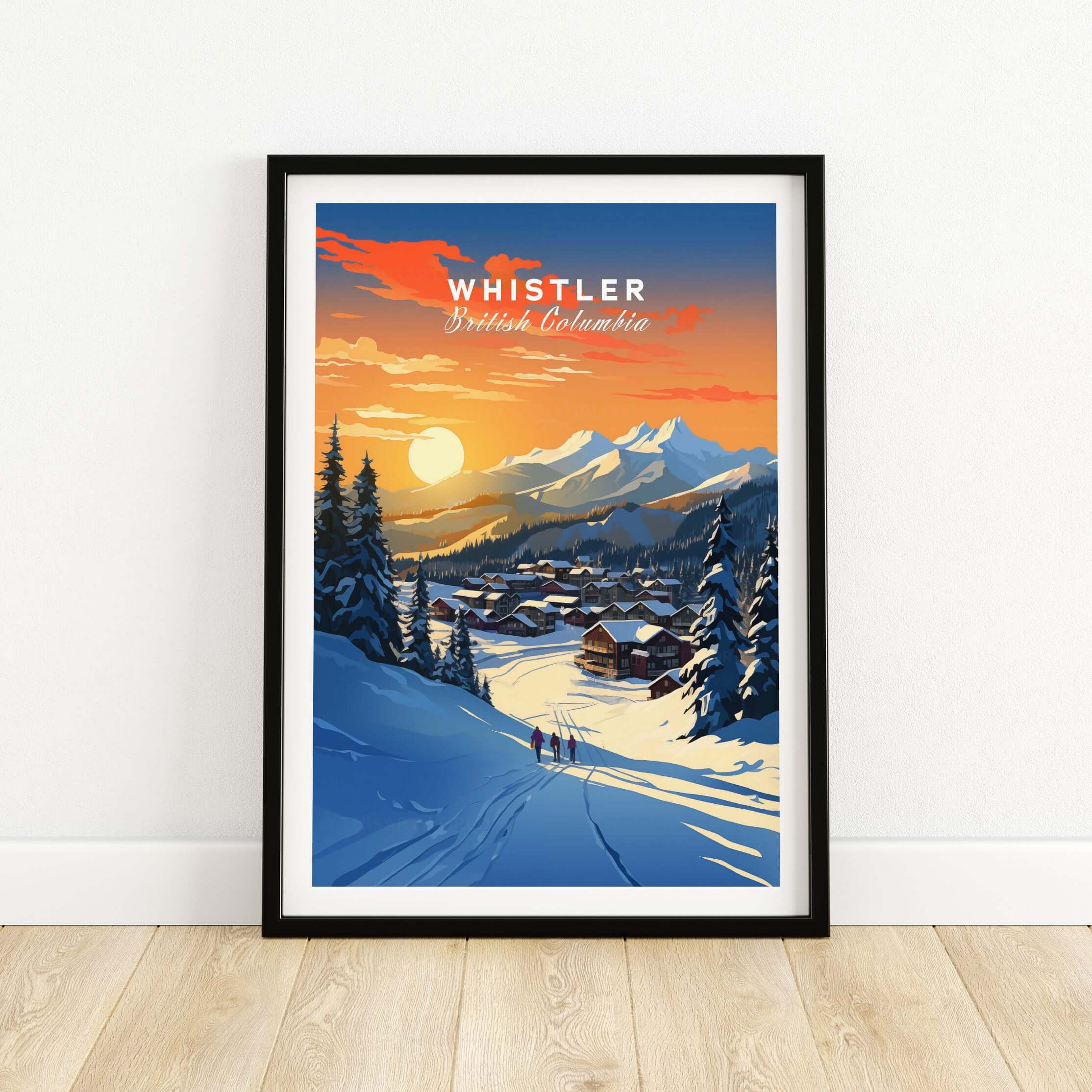 Whistler Wall Art Ski Print showcasing a sunset over snowy slopes and mountains in British Columbia.