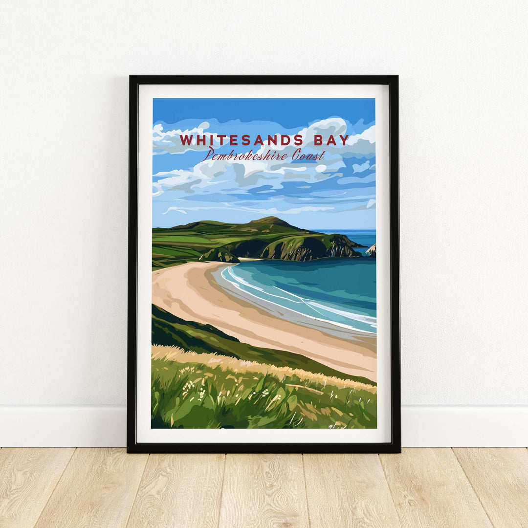 Whitesands Bay Coastal View Poster showcasing the Pembrokeshire Coast, vibrant beach and stunning landscape art.