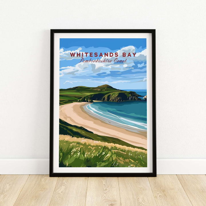 Whitesands Bay Coastal View Poster showcasing the Pembrokeshire Coast, vibrant beach and stunning landscape art.