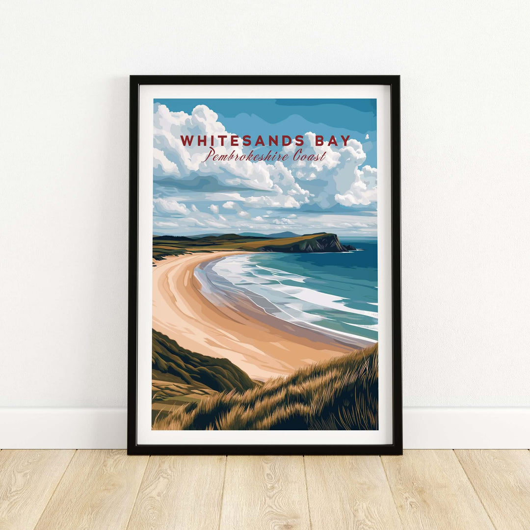 Whitesands Bay Pembrokeshire seaside print showcasing sandy shores and blue skies, perfect for coastal wall art.
