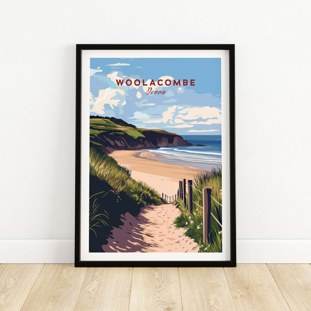 Woolacombe Beach path print showcasing a scenic coastal view of Devon, perfect coastal wall art.