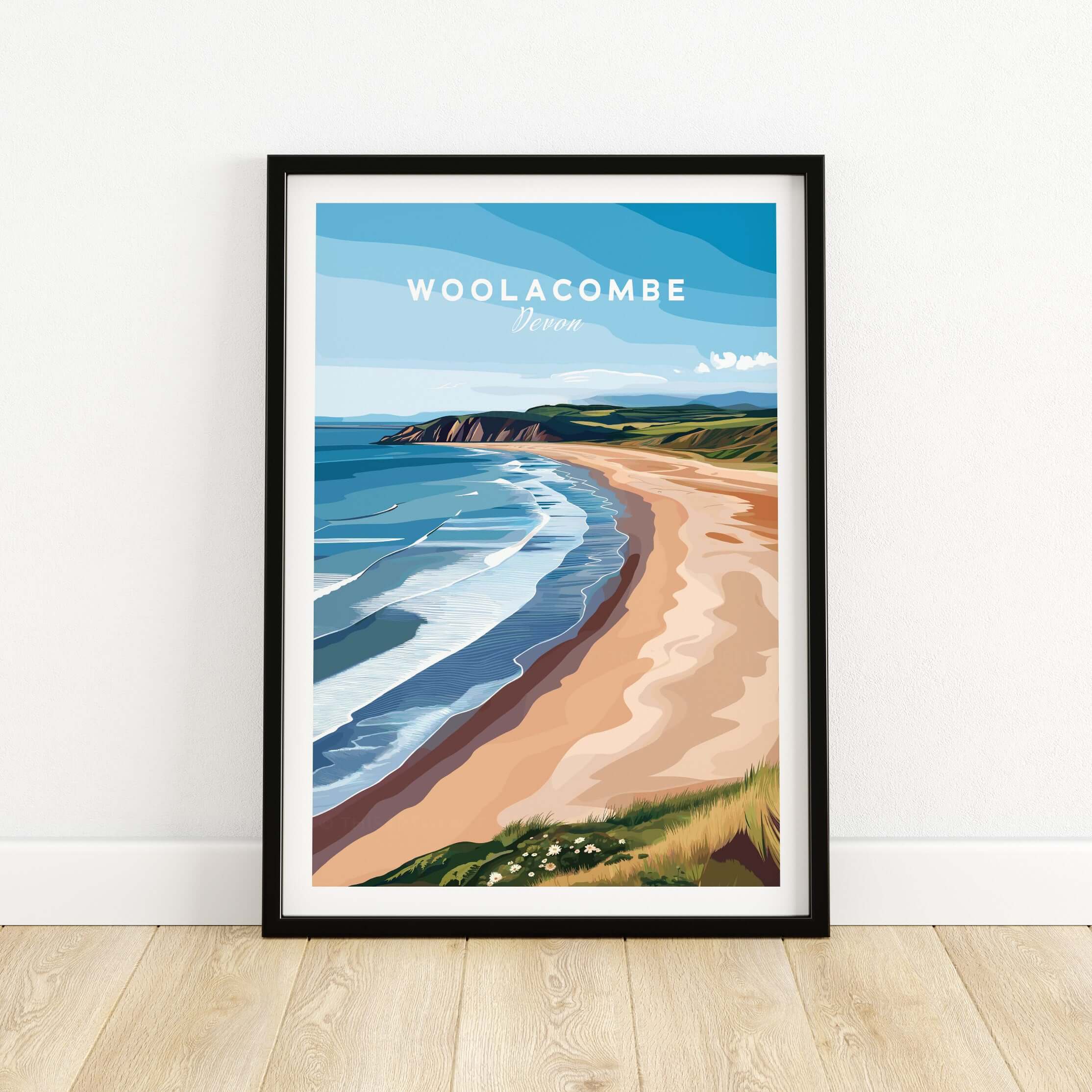 Woolacombe Devon Long Beach Sunset Poster - Rolling Waves Print showcasing serene beach waves and blue sky.