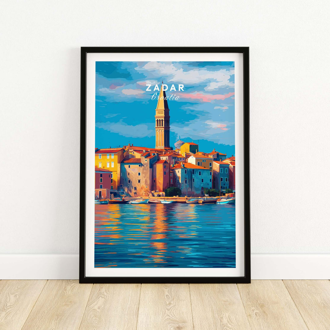 Zadar Poster | Croatian Travel Wall Art showcasing colorful waterfront architecture and blue sky.