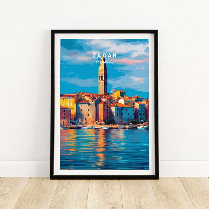 Zadar Poster | Croatian Travel Wall Art showcasing colorful waterfront architecture and blue sky.