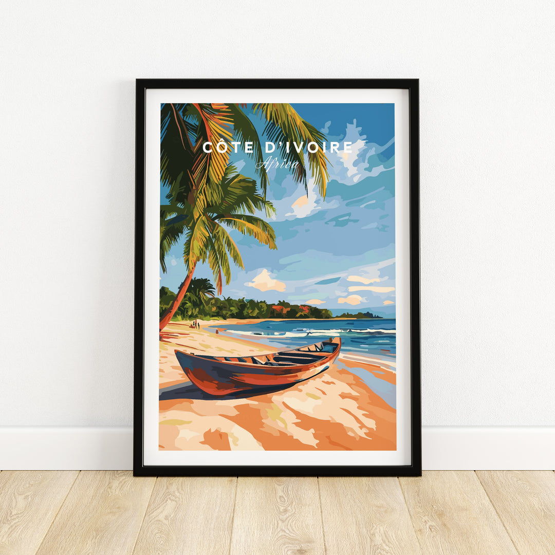 Côte d'Ivoire Beach Wall Art featuring a serene palm-lined beach and colorful boat, perfect for home decor.