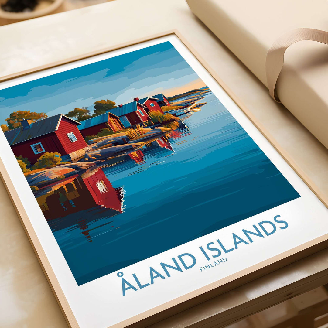 Åland Islands Art Print | Finland Archipelago Wall Decor Poster featuring serene coastal landscape with red houses and reflections.