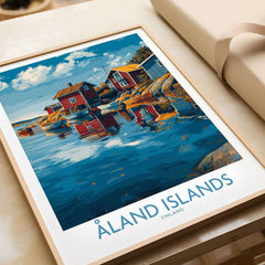 Åland Islands Finland Print | Nordic Coastal Village Poster showcasing colorful coastal scenery and reflections in water.