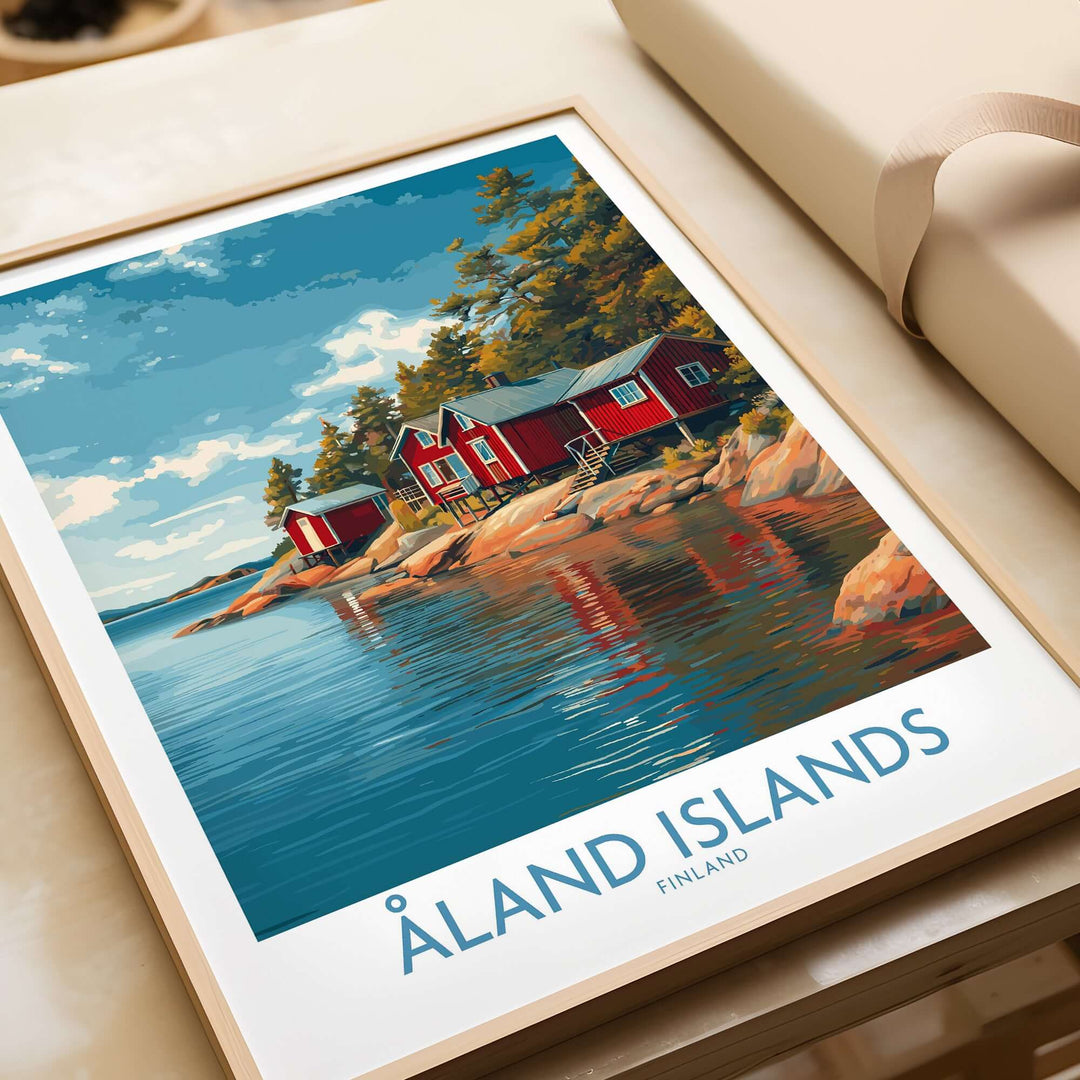 Åland Islands Lakeside Cabin Art Print | Finland Rustic Landscape Poster showcasing colorful cabins by calm waters.