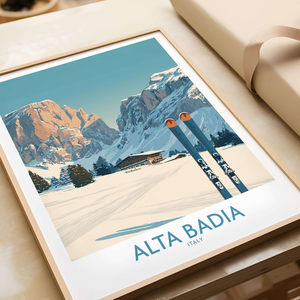 Alta Badia ski wall art featuring snow-covered mountains and skis, perfect for winter and Italian Alps decor.
